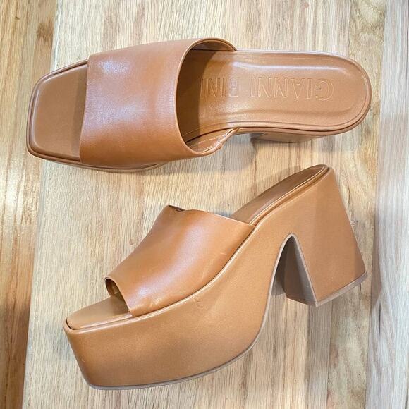 Gianni Binni Lomah Leather  Square Toe Platforms Sandals Chunky Heels Tan 10us - Picture 10 of 10